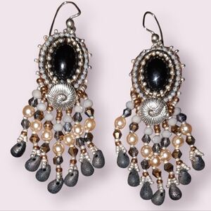 Vintage Chipita black beaded earrings felt back pearl and crystal